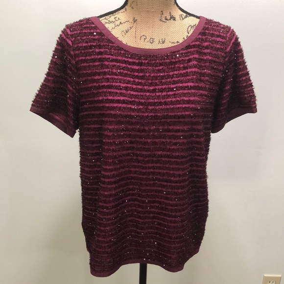 {Loft} Burgundy Fuzzy Sequin Striped Top - Picture 2 of 10